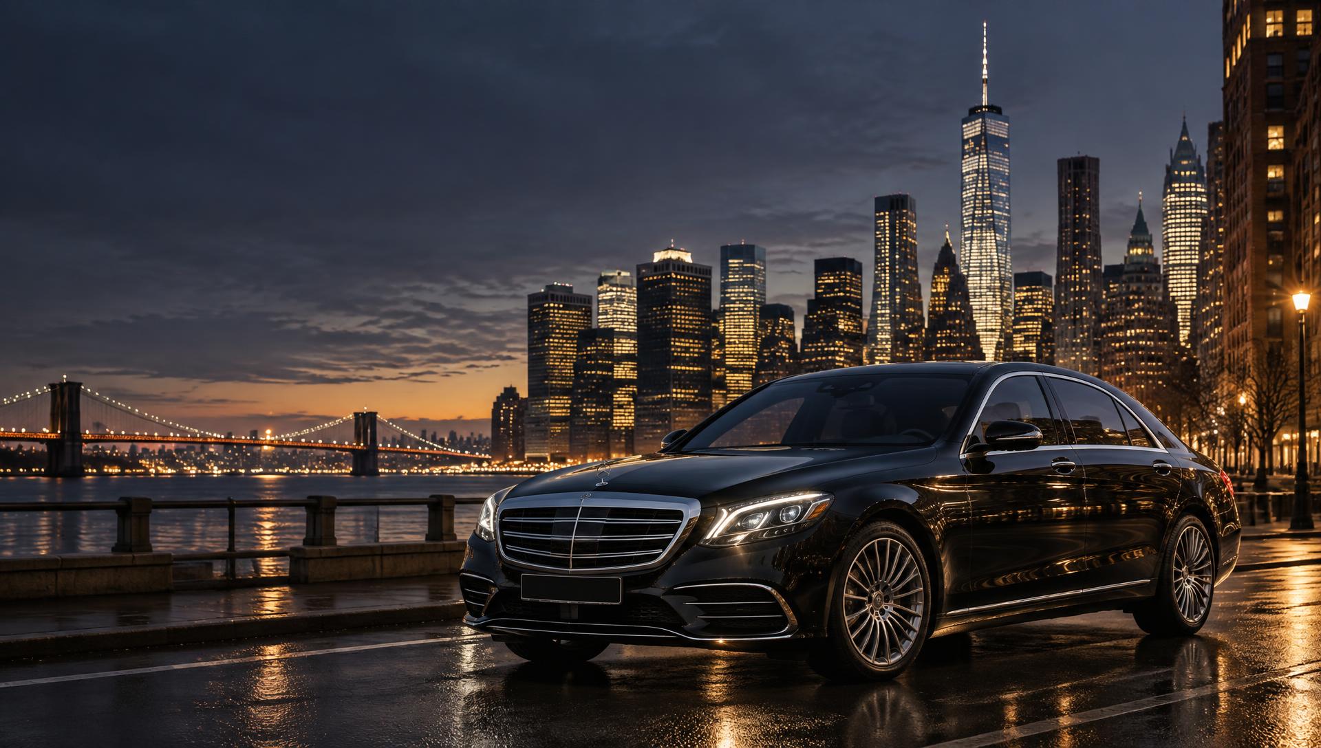 Black luxury sedan overlooking the illuminated Manhattan skyline